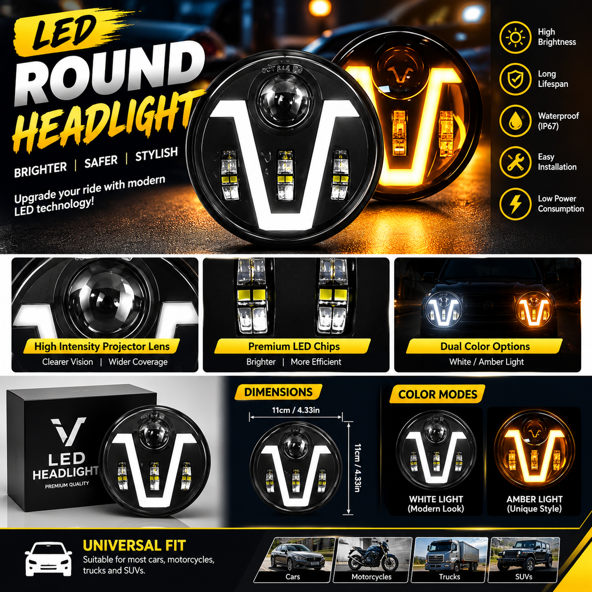 V Model Round LED Vehicle Headlight