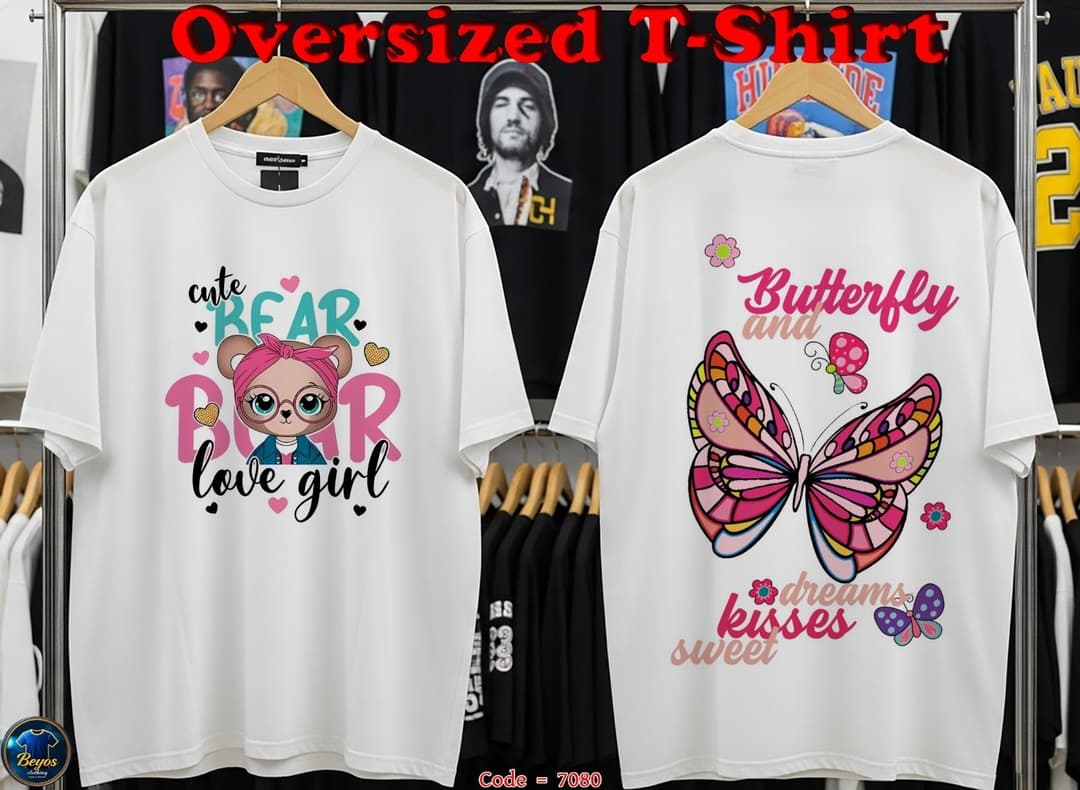 Cute Bear & Butterfly Oversized T-Shirt